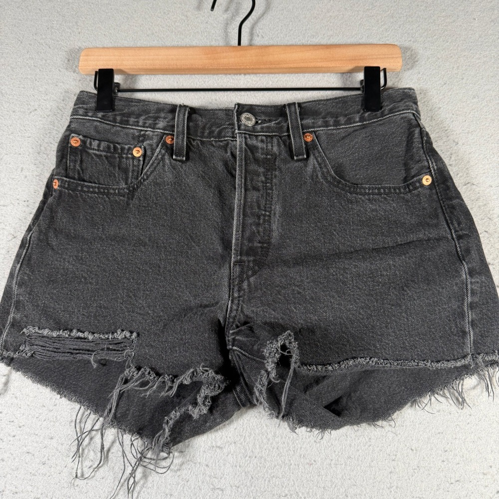 Levis Distressed High Rise Denim Shorts Faded Black‎ Button Fly W27 Cut Offs